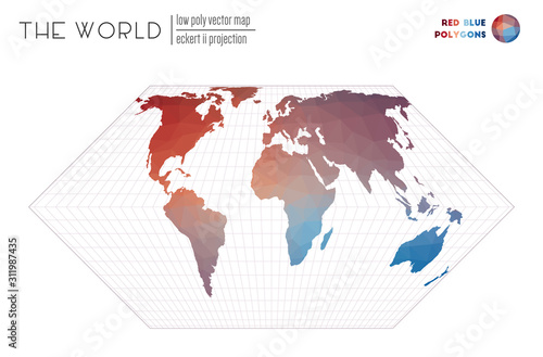 Polygonal map of the world. Eckert II projection of the world. Red Blue colored polygons. Beautiful vector illustration.