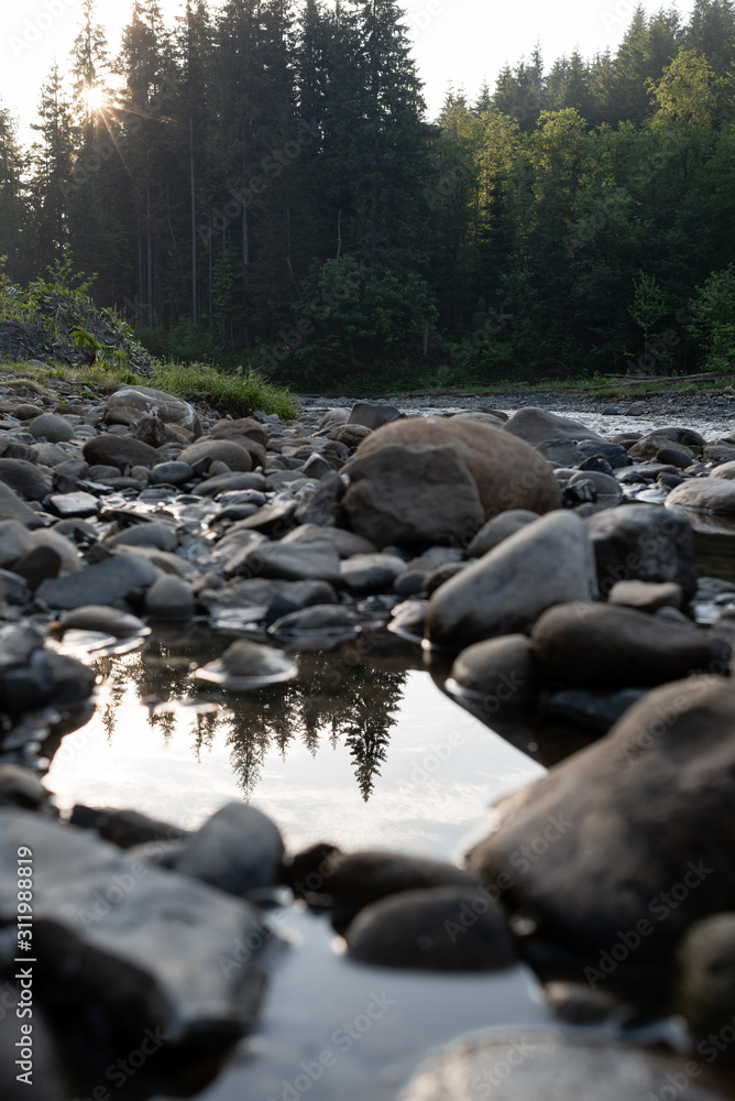 Stones at the shore of the forest river close-up, water Stones at the shore of the forest river close-up, water