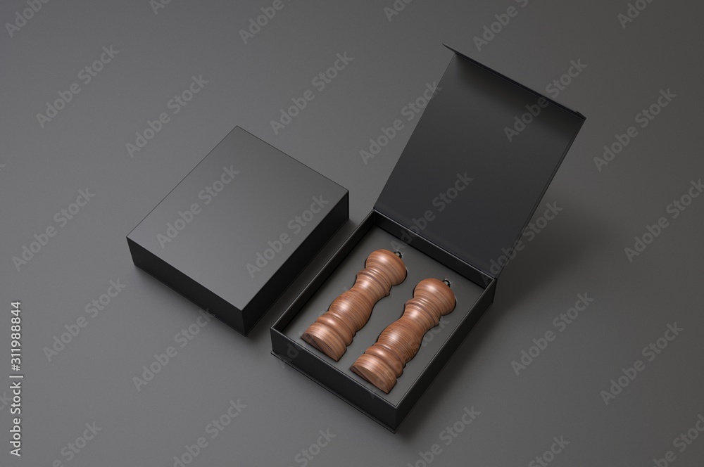 Blank Salt and Pepper Grinder Gift Set Box For Branding, 3d render illustration. Blank Salt and Pepper Grinder Gift Set Box For Branding, 3d render illustration.
