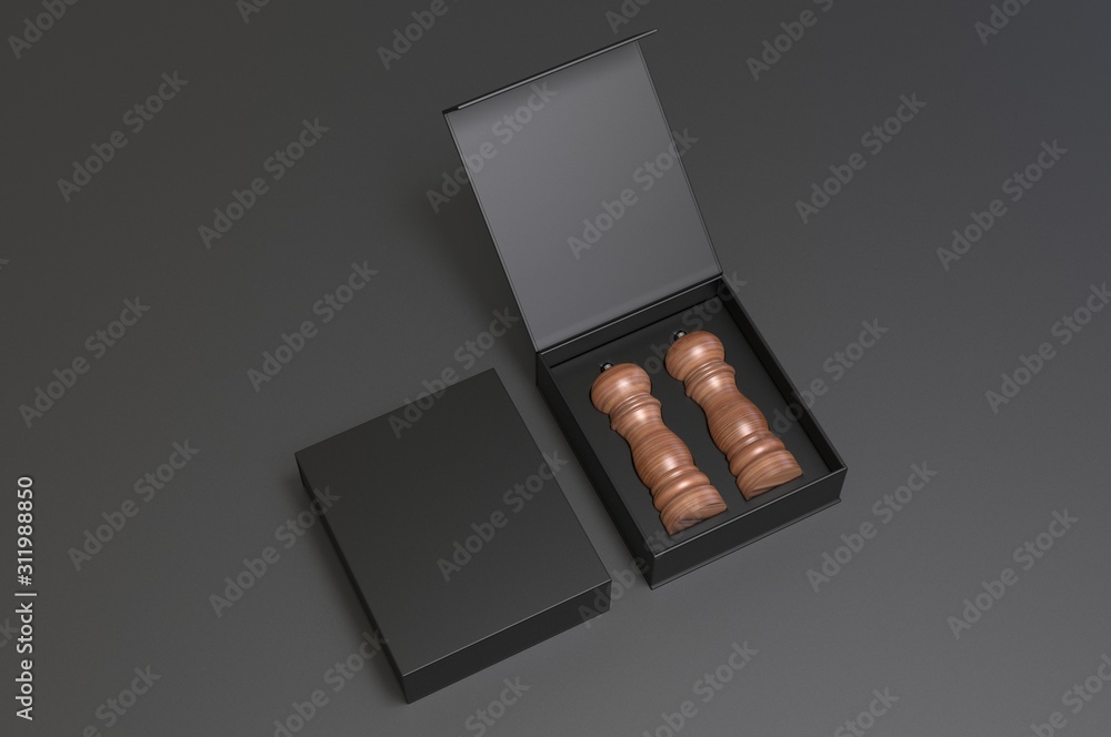 Blank Salt and Pepper Grinder Gift Set Box For Branding, 3d render illustration. Blank Salt and Pepper Grinder Gift Set Box For Branding, 3d render illustration.