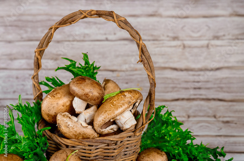 Brown portobello mushrooms in wicker wooden basket with grass decoration.