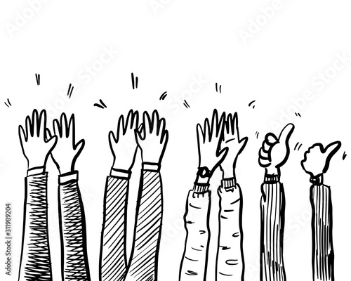Hand Drawn sketch style of Human hands clapping ovation. applause, thumbs up gesture on doodle style , vector illustration.