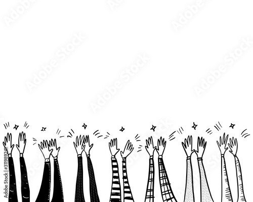 Hand Drawn sketch style of Human hands clapping ovation. applause, thumbs up gesture on doodle style , vector illustration.