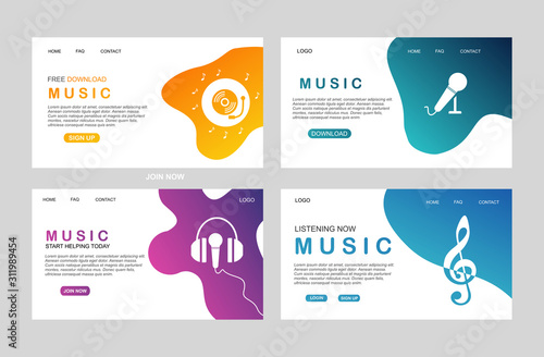 landing page of Flat music player template for web and mobile apps. Media player application, app template with flat design style for smartphones, PC or tablets
