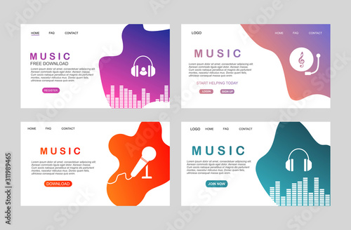 landing page of Flat music player template for web and mobile apps. Media player application, app template with flat design style for smartphones, PC or tablets