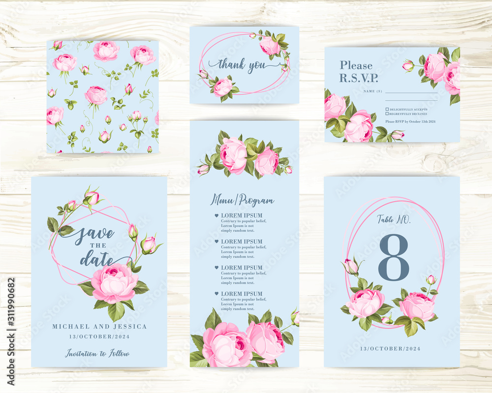 Vintage flowers templates set over wooden background. Wedding flowers bundle. Invitation collection of watercolor detailed hand drawn roses. Vector illustration.