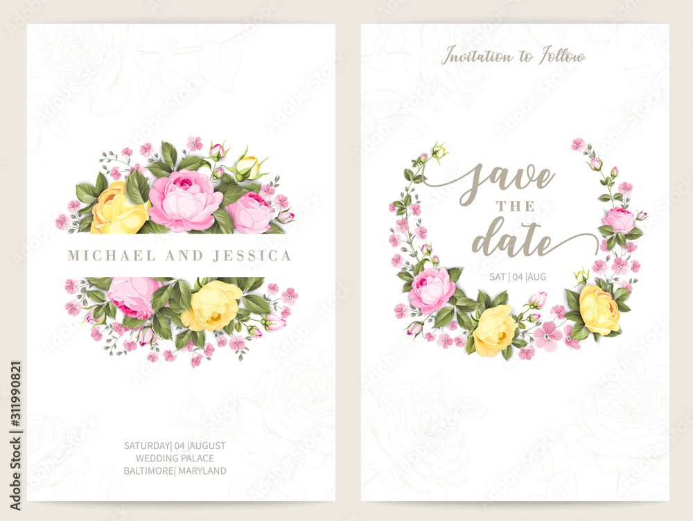 Save the date card with text place and flower frame. Summer rose flowers frame for invitation card. Botanical marriage invitation with flowers over white background. Vector illustration.