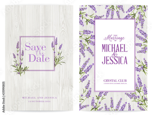 Lavender frame for marriage invitation and other printing or web projects. The provence greeting card with frame of flowers and text place. Marriage label with lavender flowers. Vector illustration.