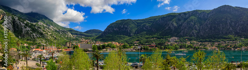 Panorama of Kotor Bay with mountains and crystal clear water in the Balkans, Montenegro on the on Adriatic Sea