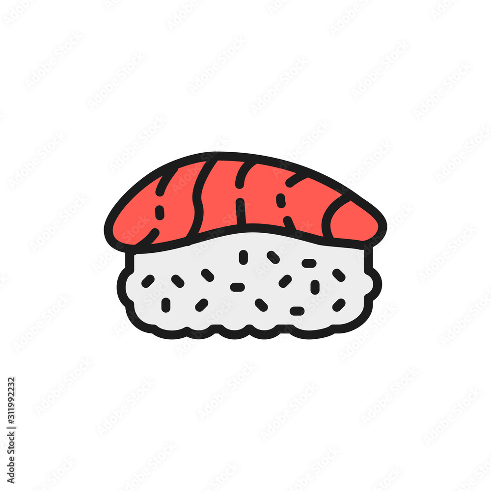 Nigiri with tuna, japanese cuisine flat color line icon. Nigiri with tuna, japanese cuisine flat color line icon.