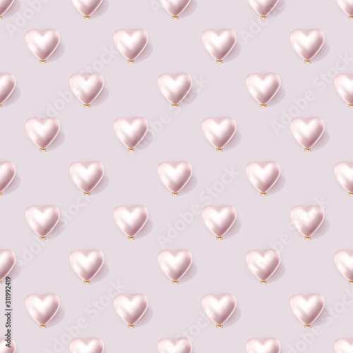 Valentines day 3d heart regular pastel seamless pattern. Heart shaped pearly helium balloons with golden ribbon on a light background, vector illustration