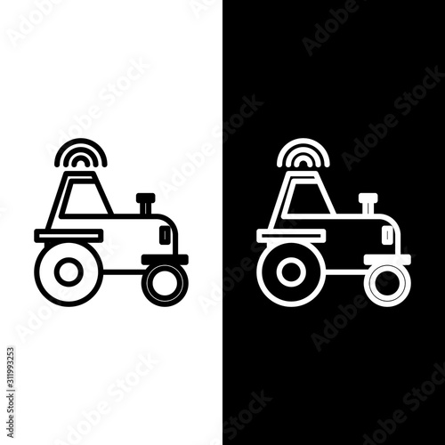 Set line Self driving wireless tractor on a smart farm icon isolated on black and white background. Smart agriculture implement element.  Vector Illustration