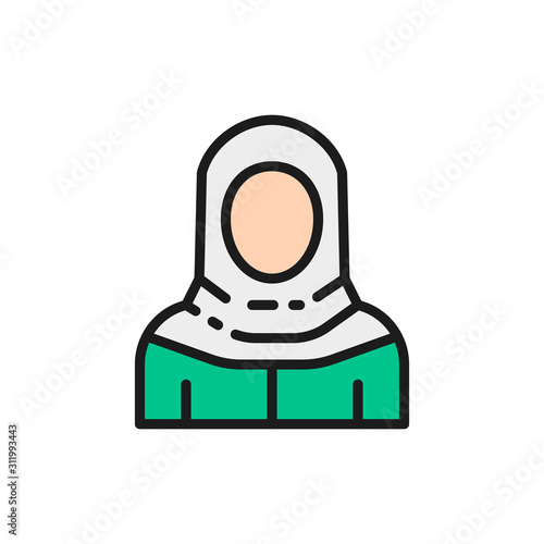 Arabian woman in traditional national dress, bedouin flat color line icon.