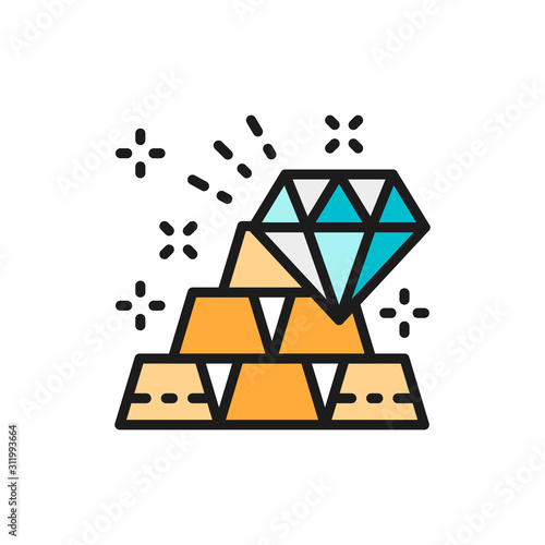 Gold bars and diamond, wealth flat color line icon.