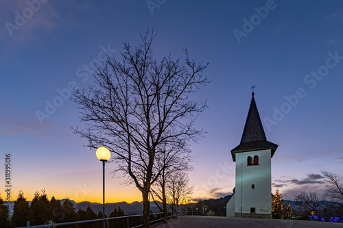  St. Marjeta church on the top of Šmarjetna gora above Kranj at dusk, Slovenia 