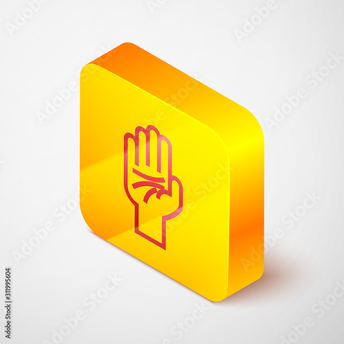 Isometric line Palmistry of the hand icon isolated on grey background. Yellow square button. Vector Illustration