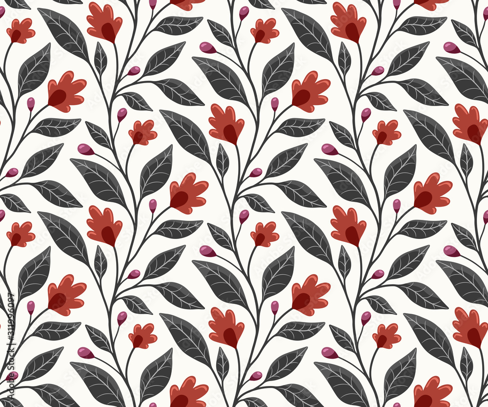Leaf branch with flowers and leaves, floral seamless vector pattern