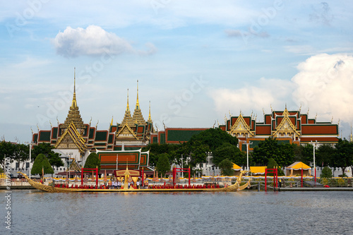 Bangkok / Thailand - October 17 2019: The grand royal barge procession for Coronation of King Rama X. Suphannahong Suphan Swan boat or Suphannahong boat in Chao Phraya river at Bangkok Thailand