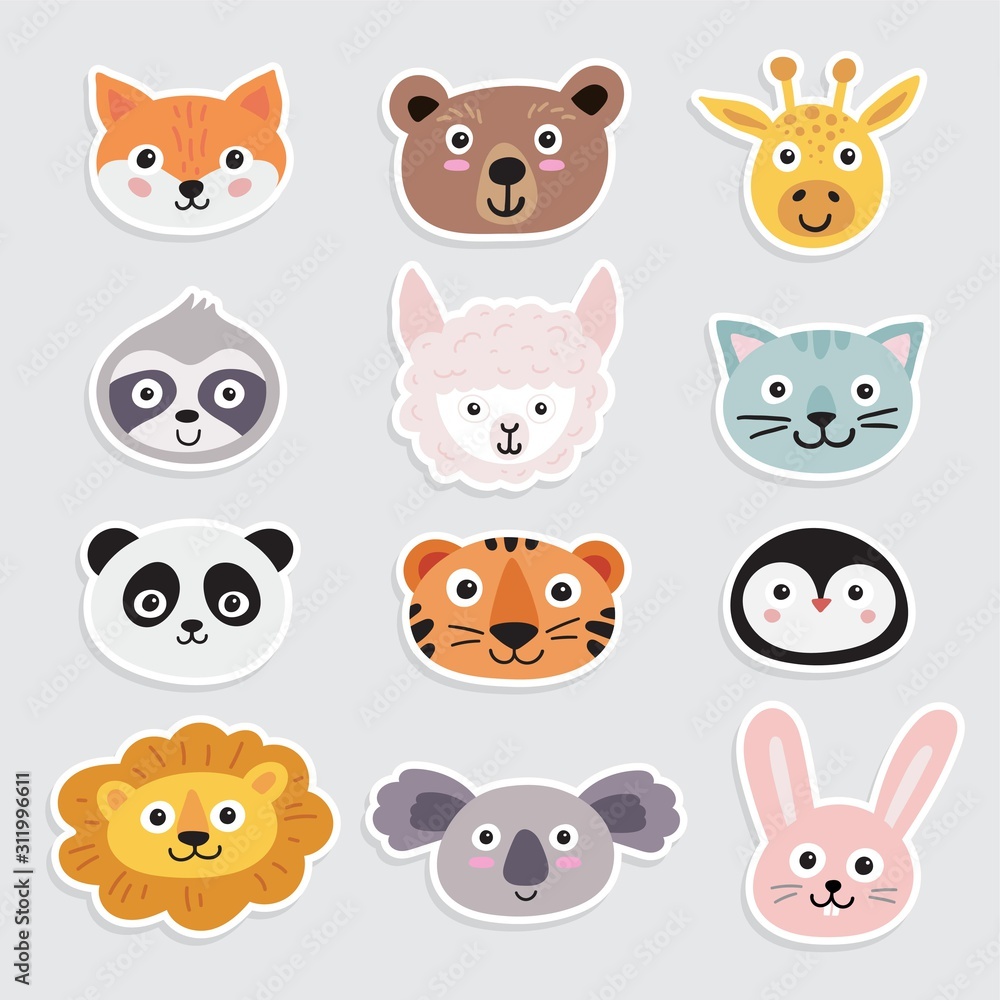 Cute animals stickers set. Hand drawn characters Cute animals stickers set. Hand drawn characters