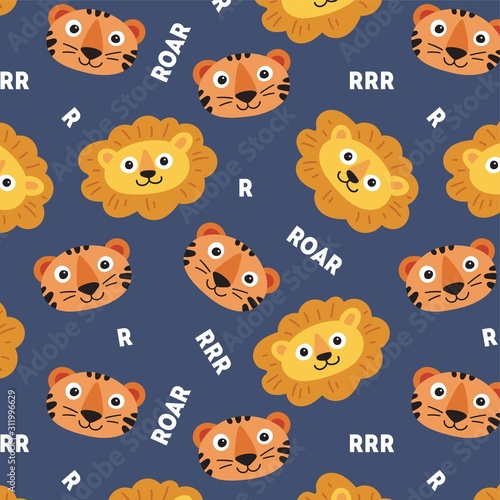 Seamless pattern with lion and tiger and roar