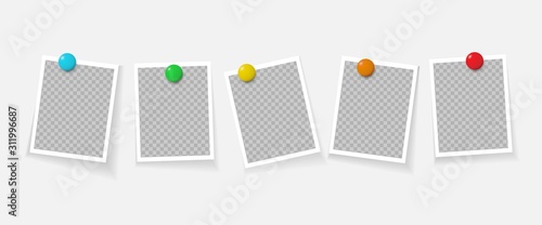 Photo frames pinned with magnet. Realistic vector template