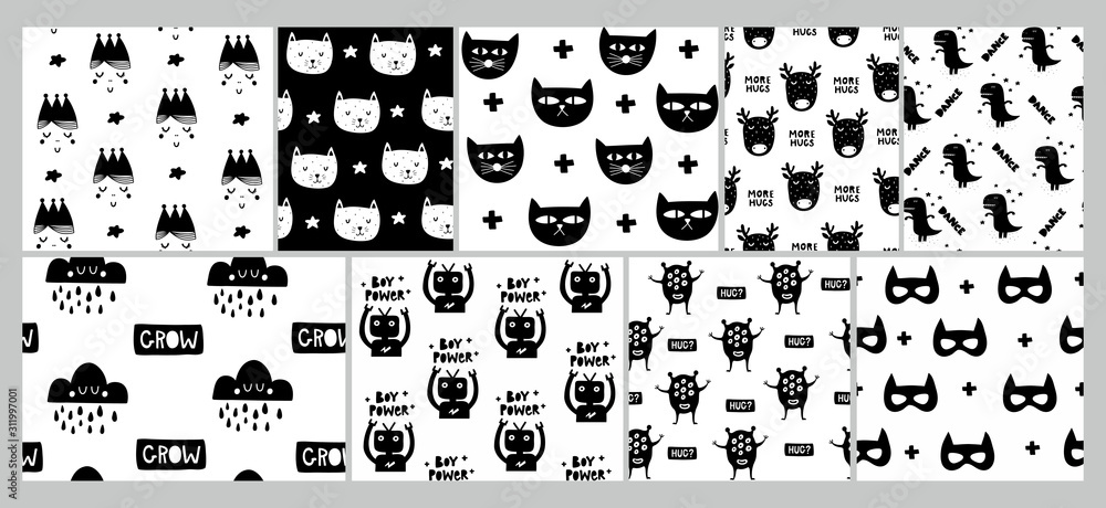 Set of seamless scandinavian patterns with cats, robots and other funny cartoon characters.