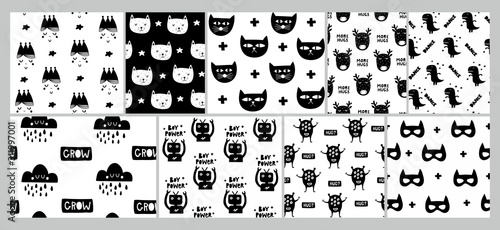 Set of seamless scandinavian patterns with cats, robots and other funny cartoon characters.