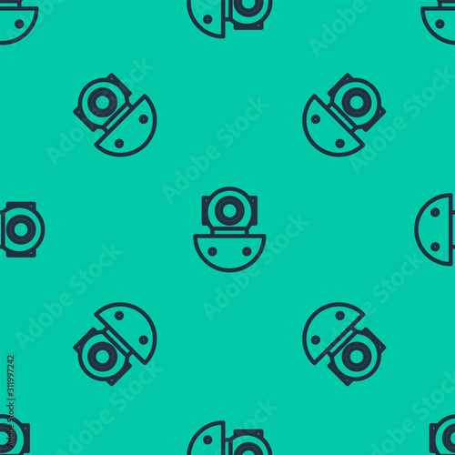 Blue line Aqualung icon isolated seamless pattern on green background. Diving helmet. Diving underwater equipment. Vector Illustration