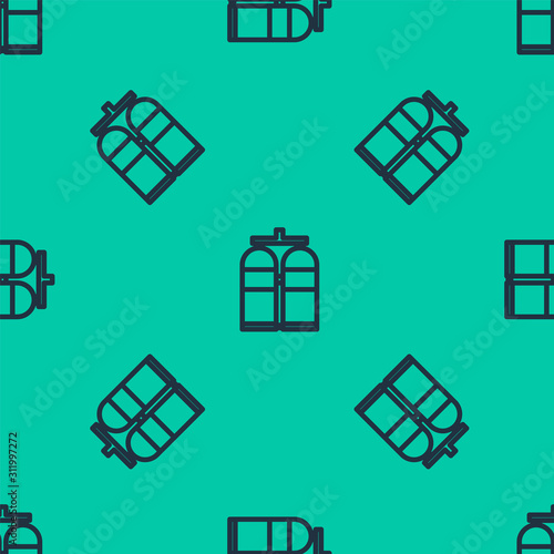 Blue line Aqualung icon isolated seamless pattern on green background. Oxygen tank for diver. Diving equipment. Extreme sport. Diving underwater equipment. Vector Illustration