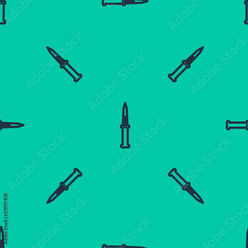 Blue line Knife icon isolated seamless pattern on green background. Army knife. Vector Illustration