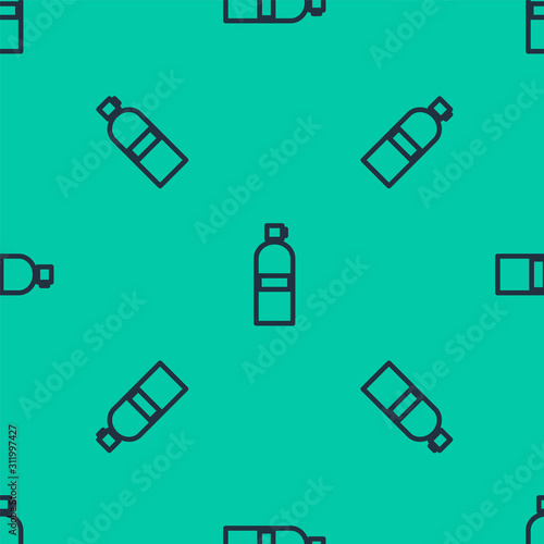 Blue line Aqualung icon isolated seamless pattern on green background. Oxygen tank for diver. Diving equipment. Extreme sport. Diving underwater equipment. Vector Illustration