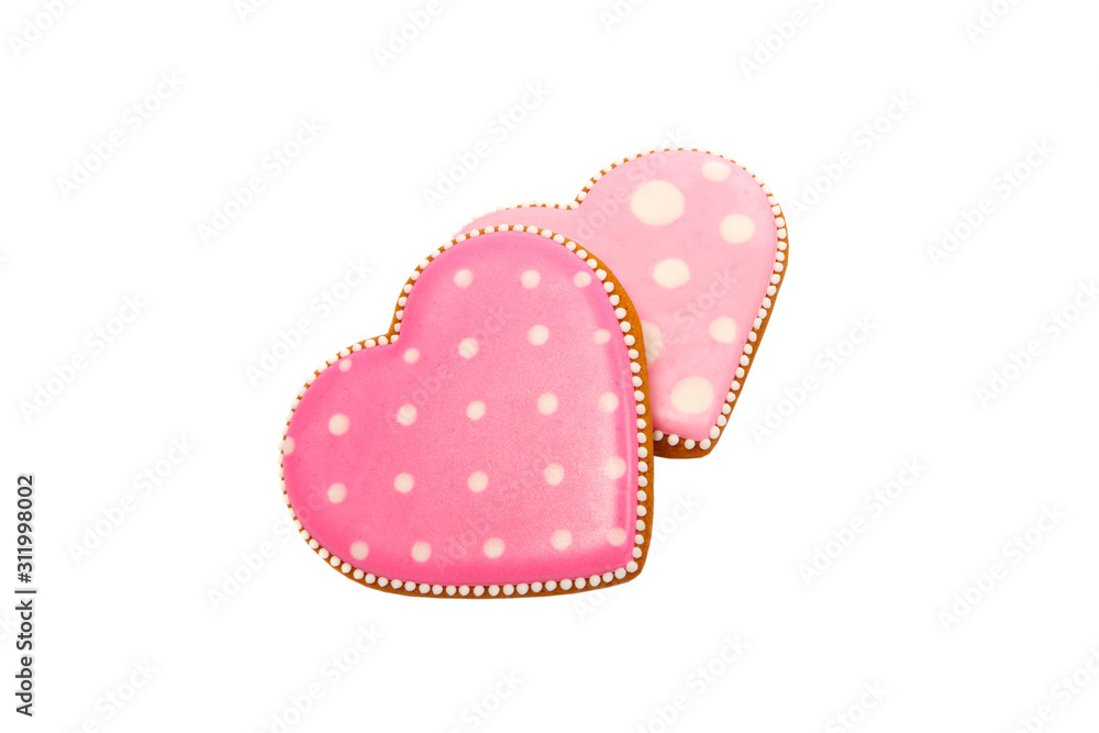 Background from pink cookies heart shaped with different patterns, isolated Background from pink cookies heart shaped with different patterns, isolated