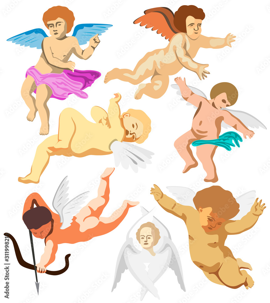 Set of seven angels, flying cherubim and Seraphim. Bow, arrow. Flying children in the sky. Set of seven angels, flying cherubim and Seraphim. Bow, arrow. Flying children in the sky.