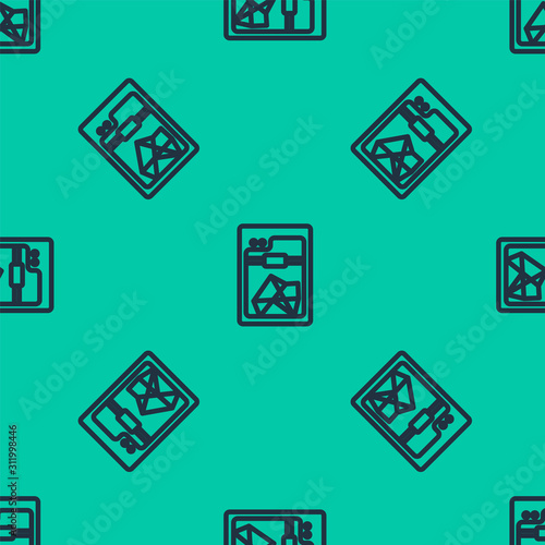 Blue line 3D printer icon isolated seamless pattern on green background. Vector Illustration