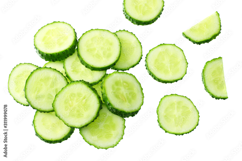 fresh cucumber slices isolated on white background. top view fresh cucumber slices isolated on white background. top view