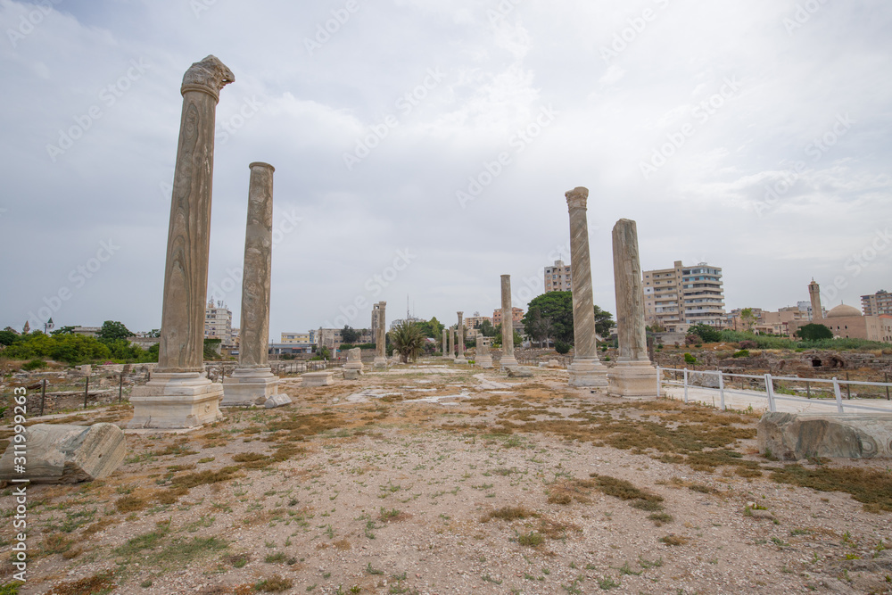 Columned street. Roman remains in Tyre. Tyre is an ancient Phoenician city. Tyre, Lebanon - June, 2019