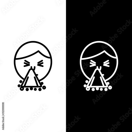 Set line Man holding handkerchief or napkin to his runny nose icon isolated on black and white background. Coryza desease symptoms.  Vector Illustration
