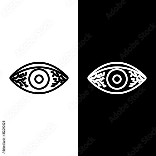 Set line Reddish eye due to viral, bacterial or allergic conjunctivitis icon isolated on black and white background.  Vector Illustration