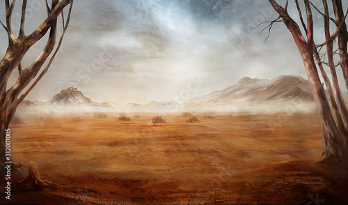 Fantasy desert landscape with hills and clouds of dust photo