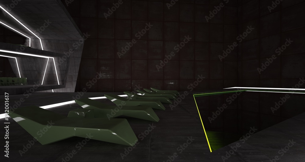 Obraz premium Abstract architectural concrete and rusted metal interior of a minimalist house with swimming pool and neon lighting. 3D illustration and rendering.