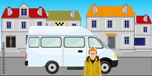 Car taxi on street of the small city