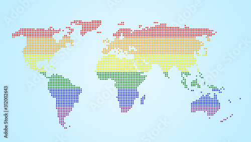 Fototapeta Naklejka Na Ścianę i Meble -  Dotted world map with LGBT movement's rainbow flag's colors on light blue background.  High resolution concept illustration.