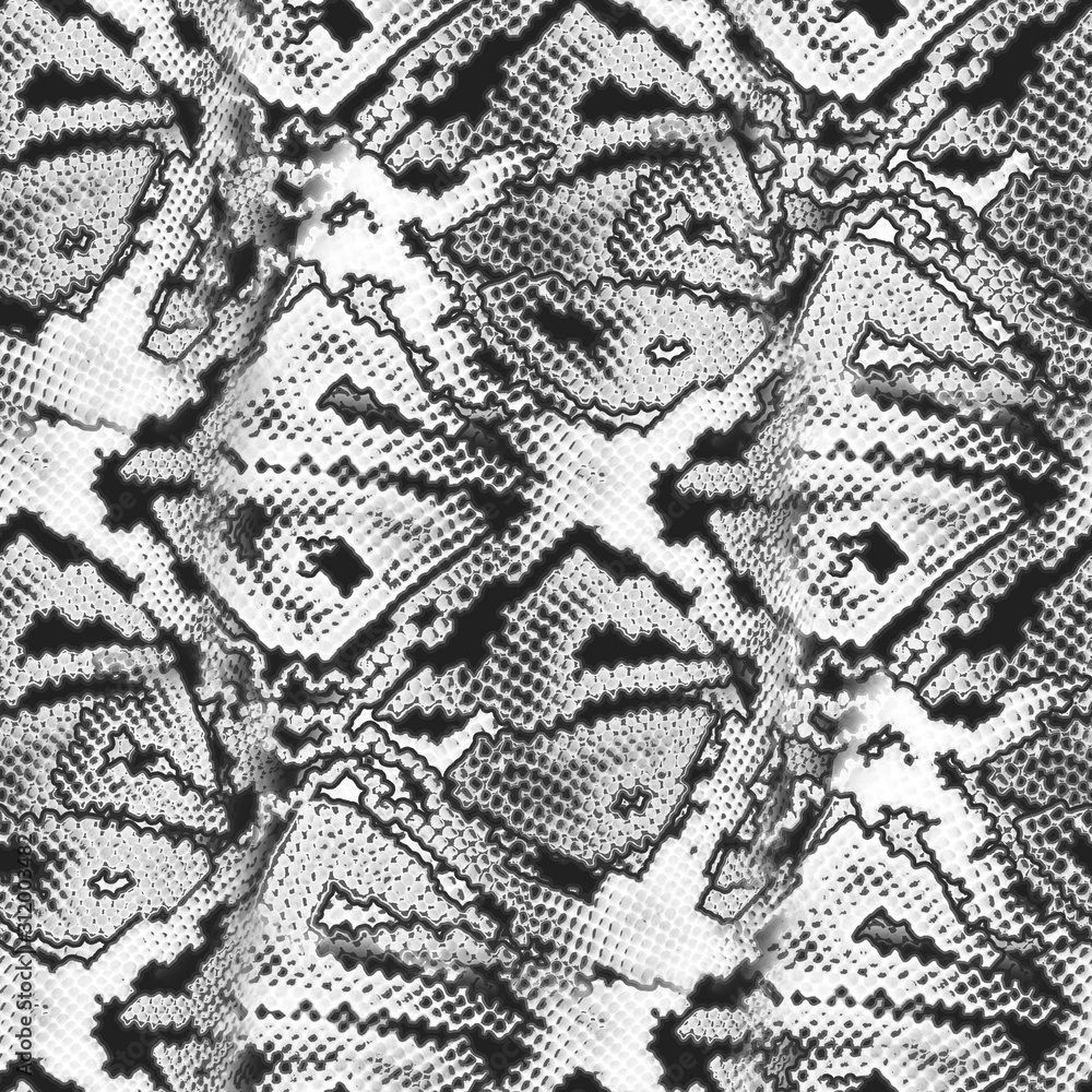 Seamless stylized monochrome snake skin. Black and white background.
