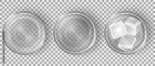 Top view of empty and full of water glasses isolated on transparent background. Vector realistic clear crystal cups with pure drink and ice cubes. Set of shots of cold alcohol, vodka