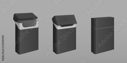 Empty open and closed black pack of slim cigarettes. Vector realistic mockup of paper package box for tobacco products isolated on gray background