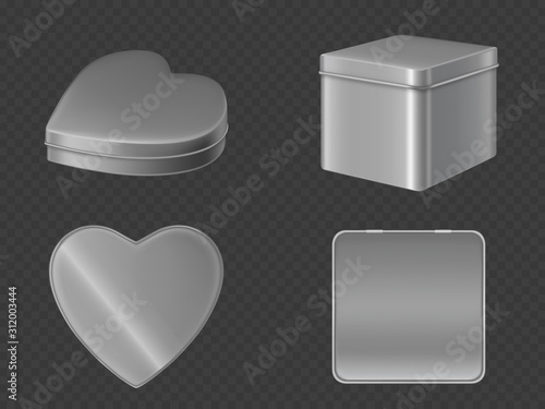 Metal tin boxes for tea, sugar or coffee front and top view. Vector realistic mockup of square and heart shape cans for gift packaging candies and sweets isolated on transparent background