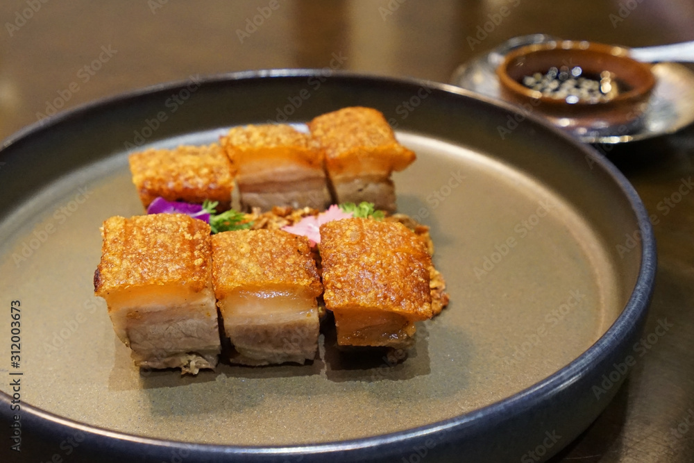 Close up plate of barbecue crispy pork belly Close up plate of barbecue crispy pork belly