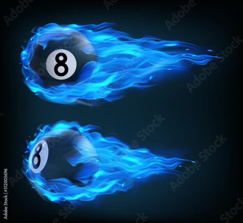 Flying black billiard eight ball in blue fire isolated on black background. Vector realistic pool or snooker ball with number 8 in in plasma flame with sparks