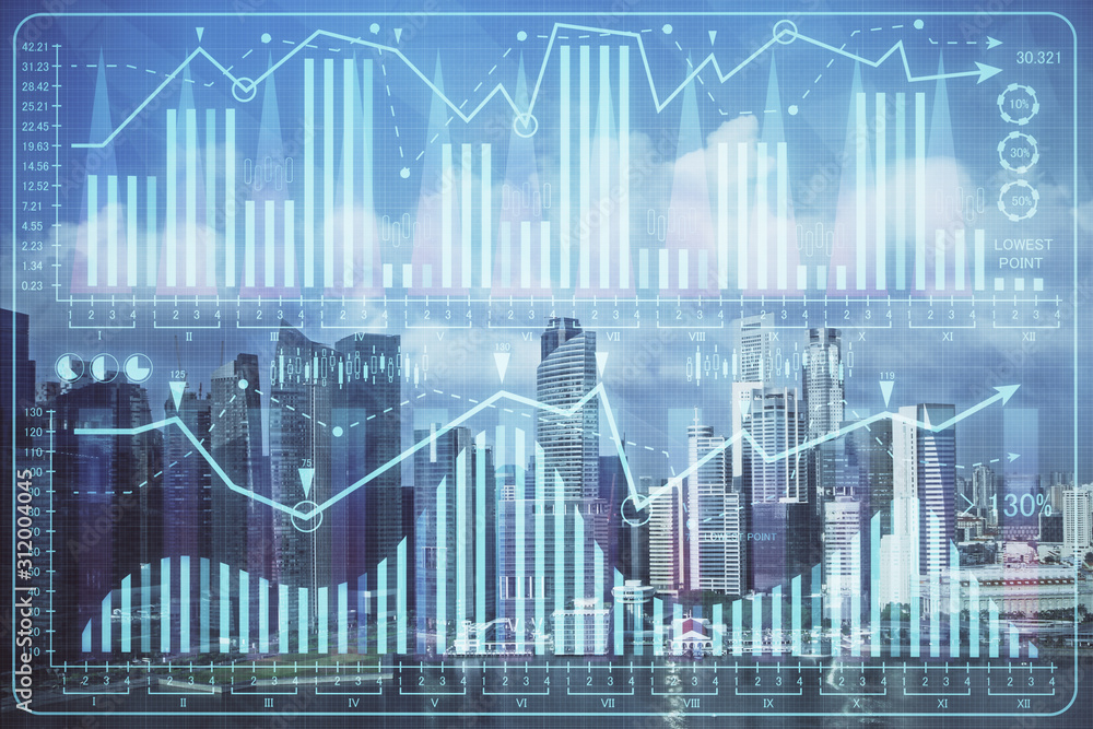 Forex chart on cityscape with skyscrapers wallpaper multi exposure. Financial research concept. Forex chart on cityscape with skyscrapers wallpaper multi exposure. Financial research concept.