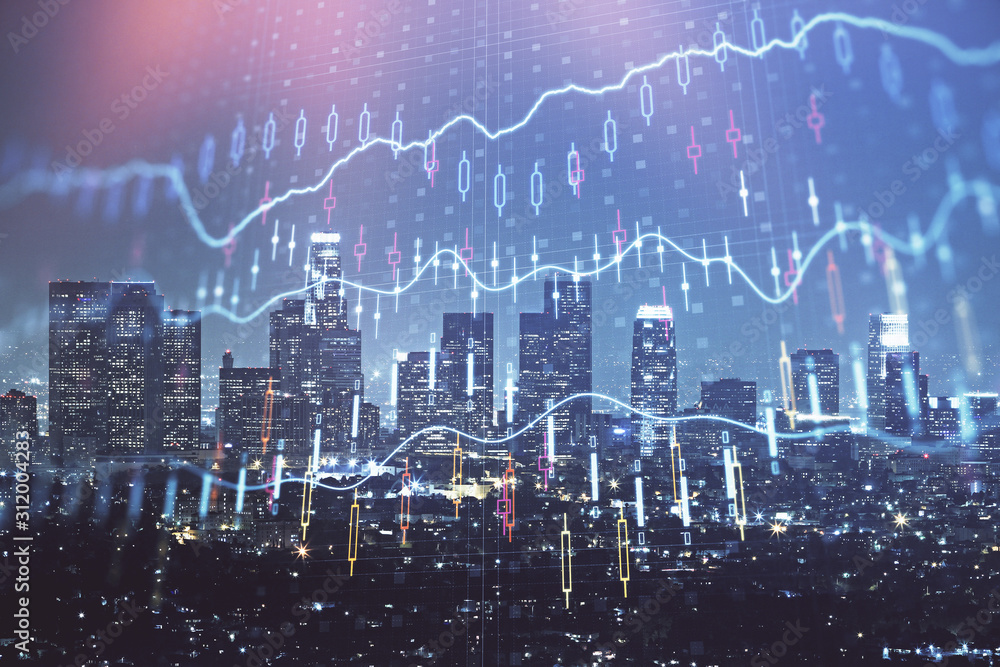 Forex chart on cityscape with tall buildings background multi exposure. Financial research concept. Forex chart on cityscape with tall buildings background multi exposure. Financial research concept.